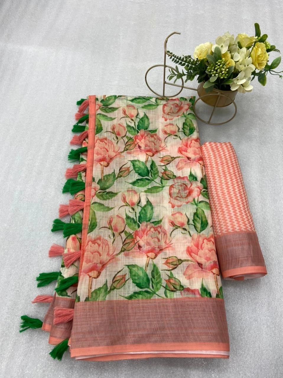 Stunning Digital Printed Linen Cotton Saree with Contrasting Blouse-ERA-07-Peach