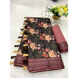 YNF Digital Printed Heavy Linen Cotton Saree with Contrast Blouse