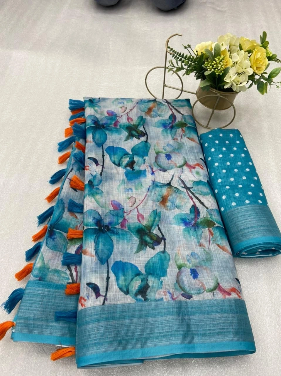 Digital Printed Heavy Linen Cotton Saree with Contrast Blouse-ERA-08-Firozi