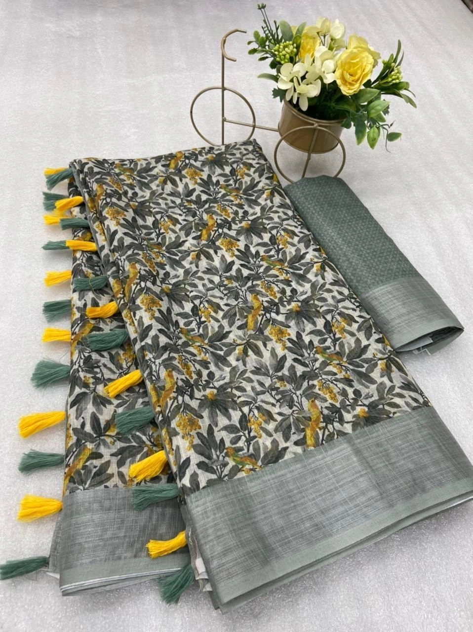 Digital Printed Heavy Linen Cotton Saree with Contrast Blouse-ERA-08-Grey