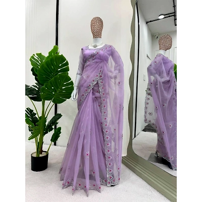 YNF Beautiful Designer Organza Silk Saree with Sequin Work and Stitched Blouse