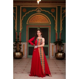 Faux Kutchi Gamthi Red Gown: Stunning, Adjustable, and Comfortable (0.700 kg)