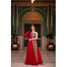 YNF Faux Kutchi Gamthi Red Gown: Stunning, Adjustable, and Comfortable (0.700 kg)