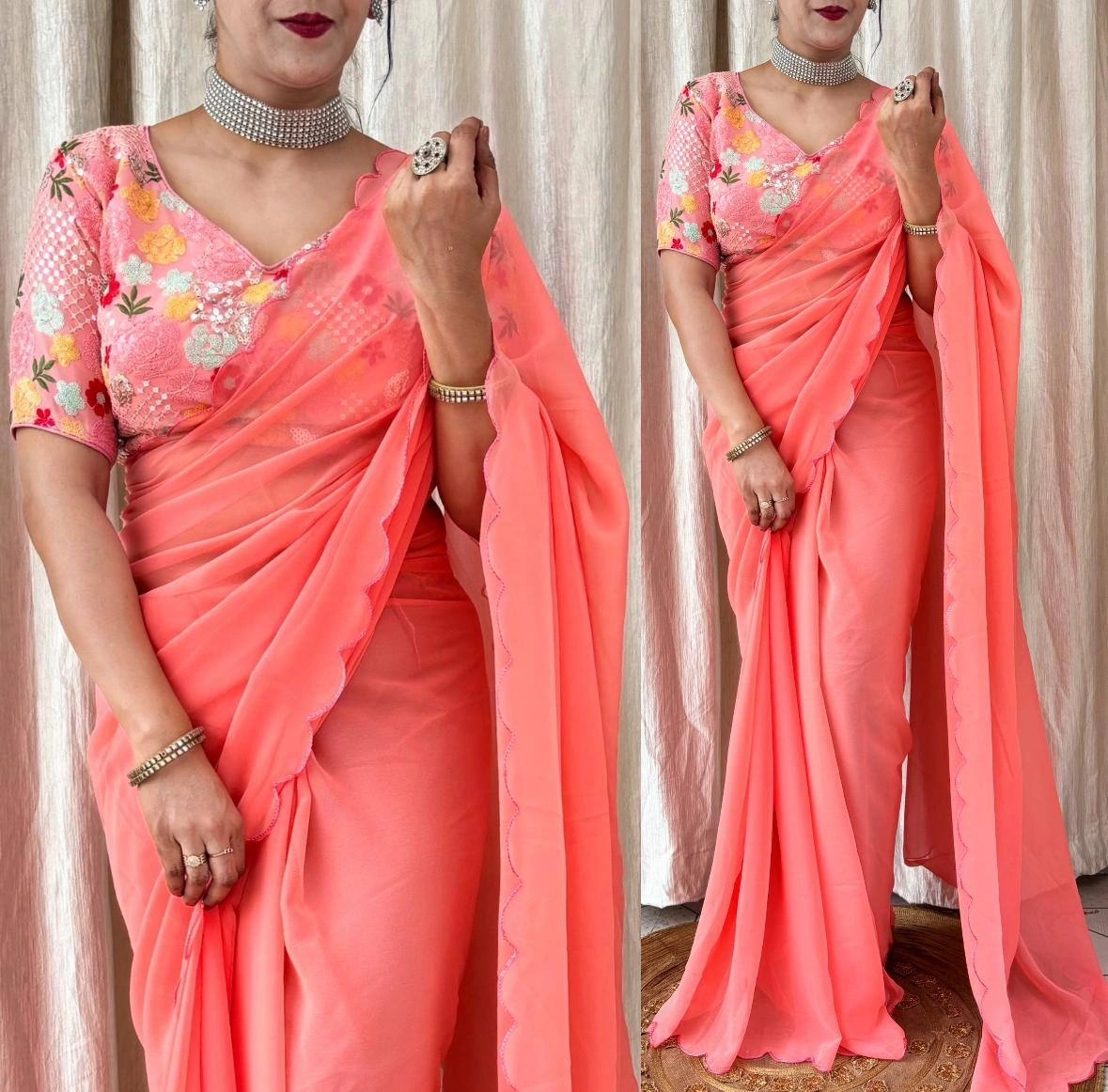 Georgette Saree with Fancy Blouse: 11 Color Options-RUD-06-Peach