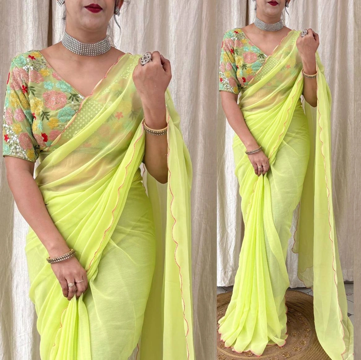 Georgette Saree with Fancy Blouse: 11 Color Options-RUD-06-Lemon