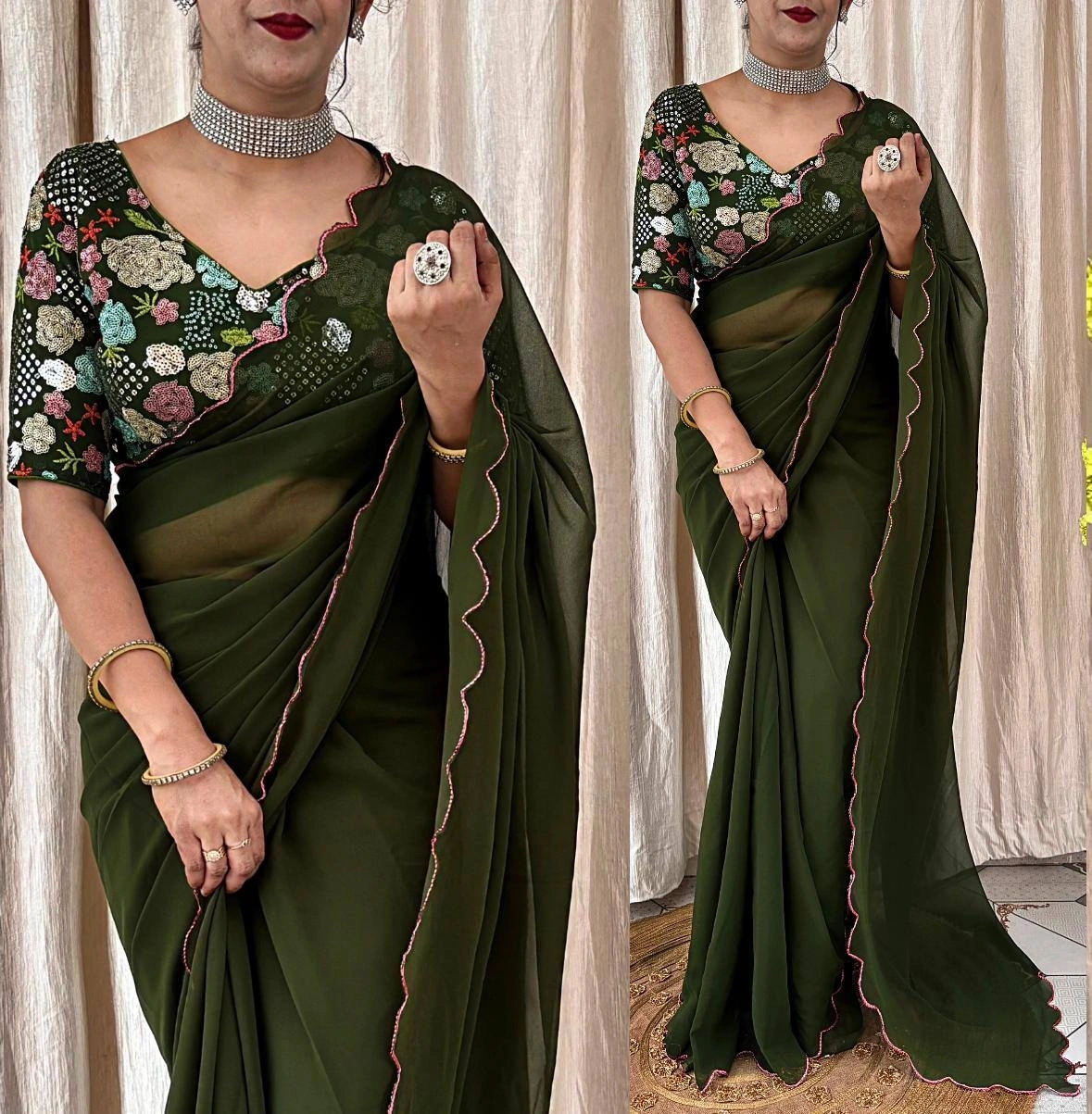 Georgette Saree with Fancy Blouse: 11 Color Options-RUD-06-DarkGreen