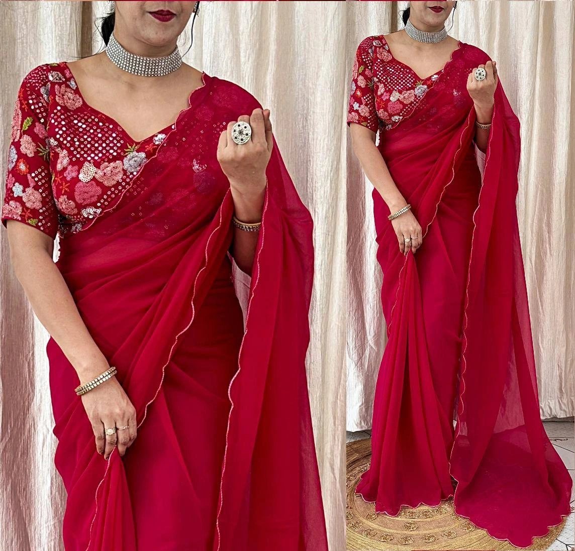 Georgette Saree with Fancy Blouse: 11 Color Options-RUD-06-Red