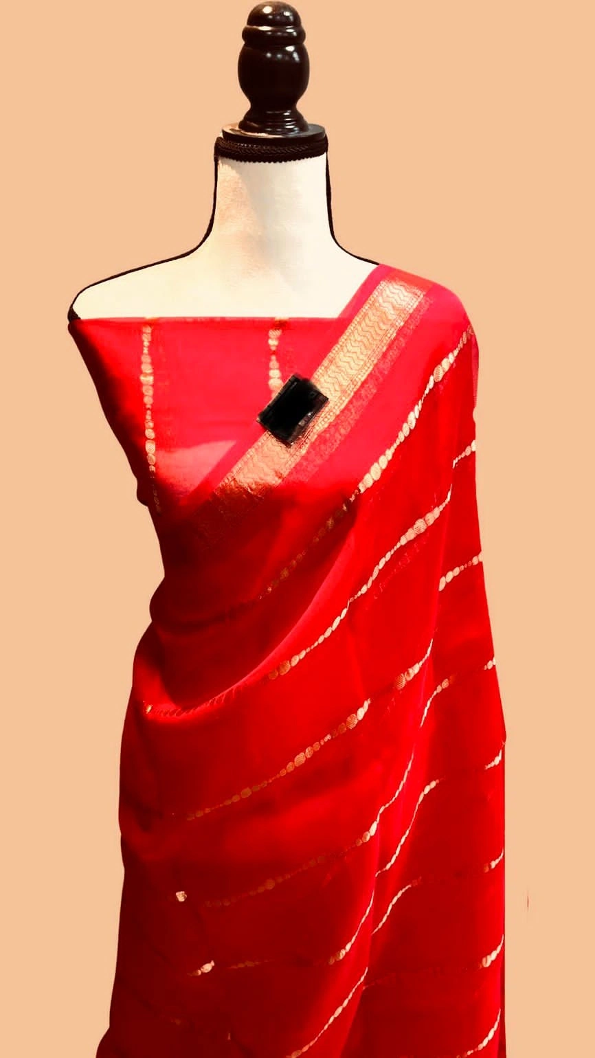 Silk Organza Saree: Zari Weaves and Tassels included-ANT-44-Red