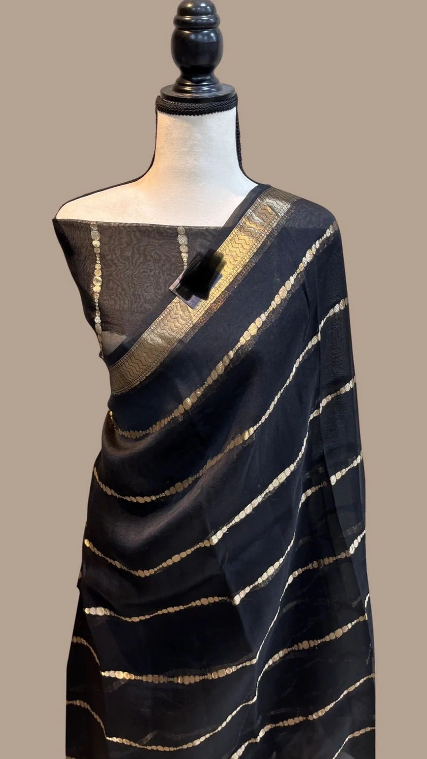 Silk Organza Saree: Zari Weaves and Tassels included-ANT-44-Black