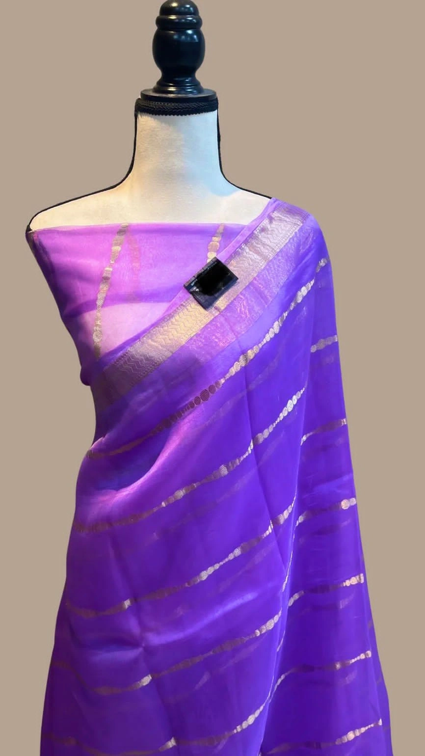 Silk Organza Saree: Zari Weaves and Tassels included-ANT-44-Purple