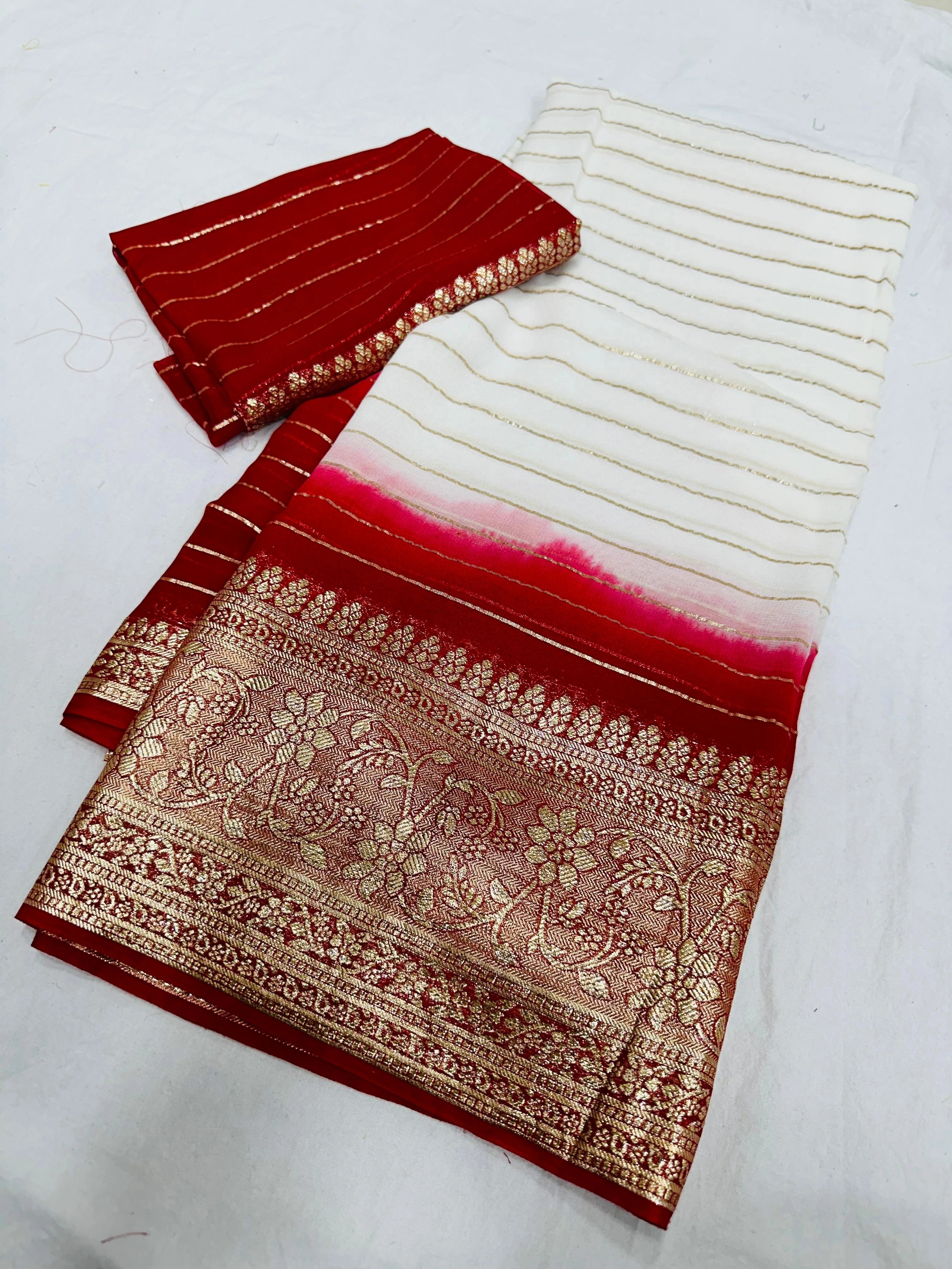 Chic Viscose Georgette Jacquard Saree with Shaded Concept Colors-White-2