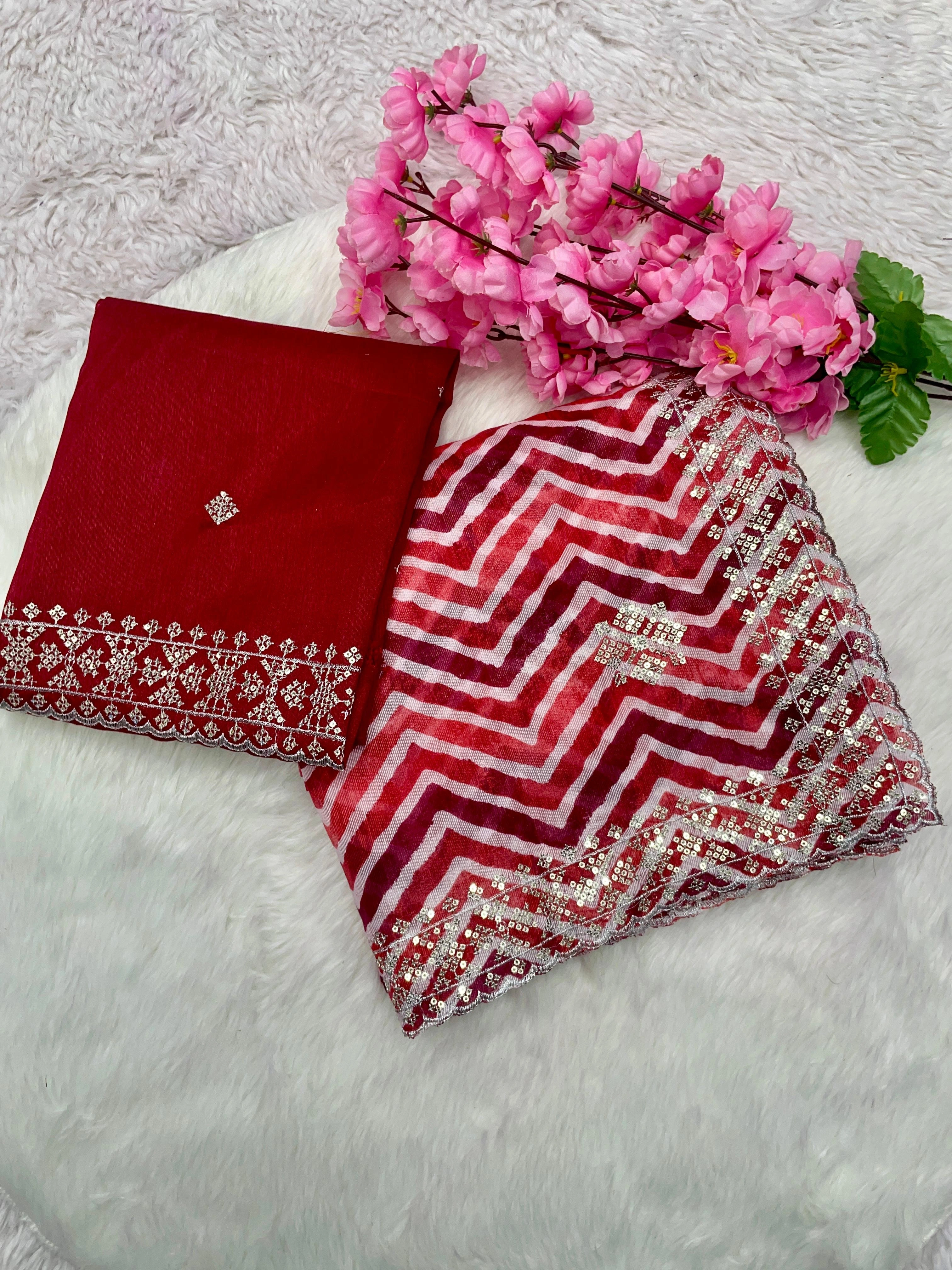 Golden Kotton Lahriya Print Saree with Stunning C-Pallu Embroidery-RMP-415-Red