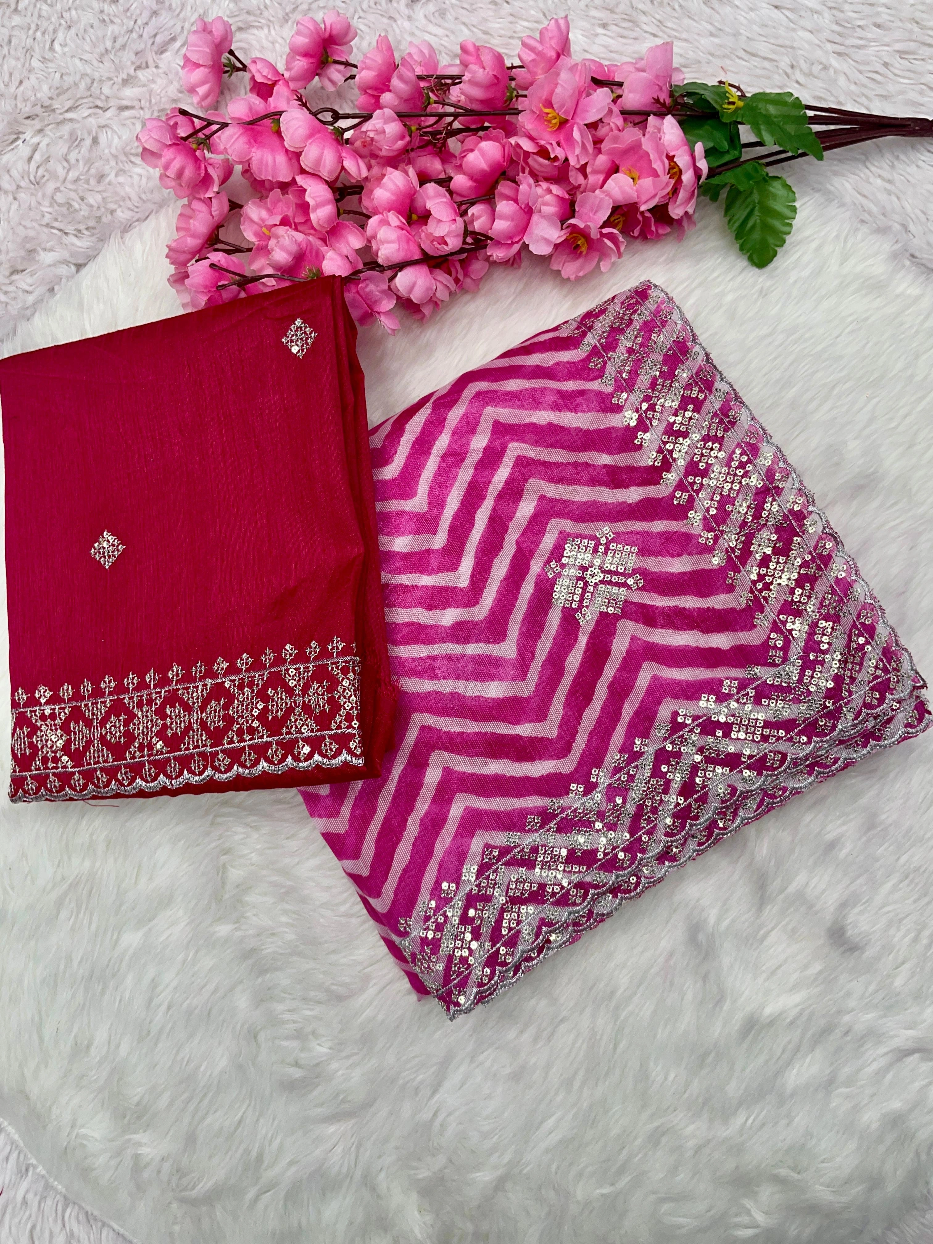 Golden Kotton Lahriya Print Saree with Stunning C-Pallu Embroidery-RMP-415-Pink