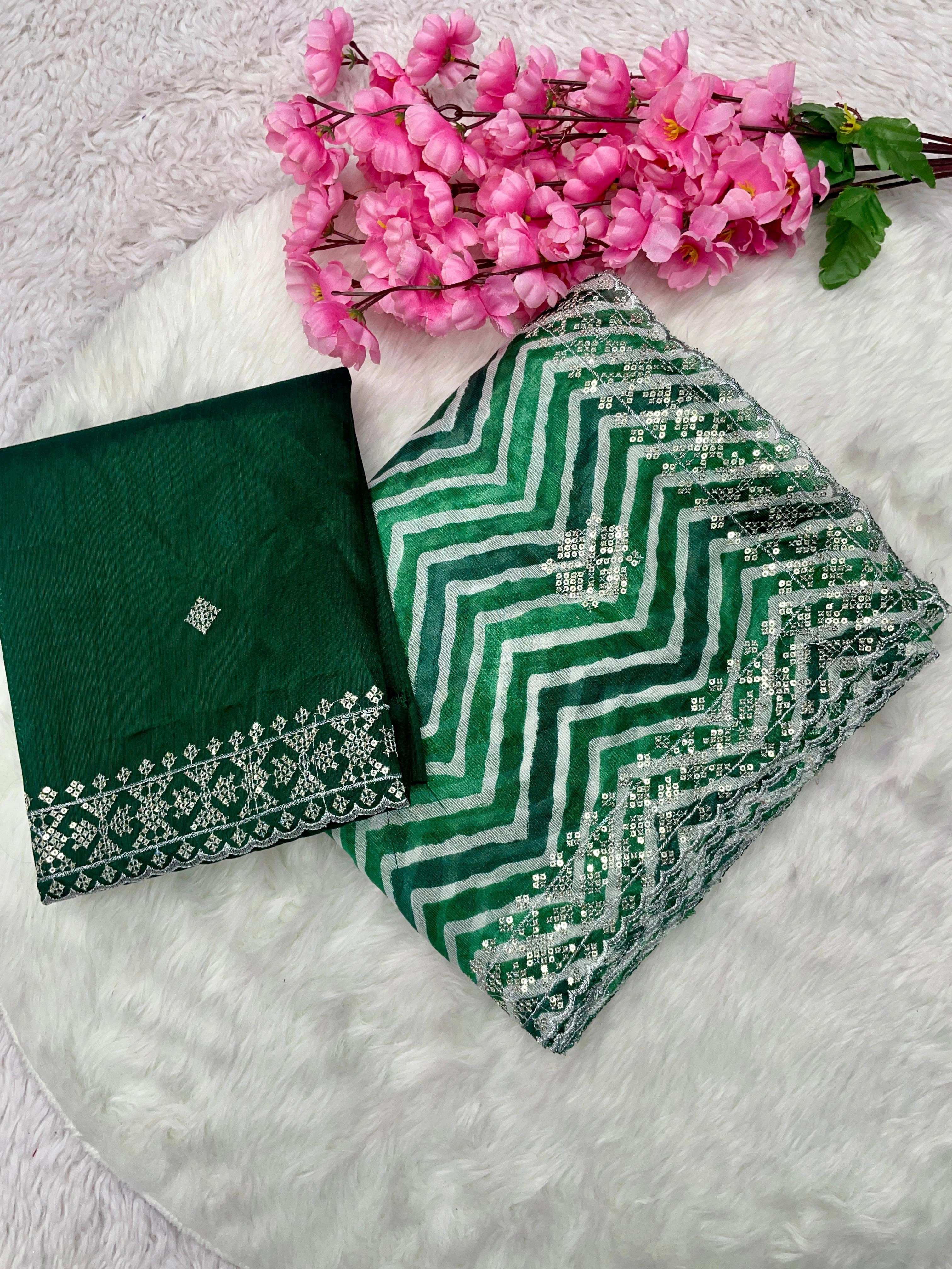 Golden Kotton Lahriya Print Saree with Stunning C-Pallu Embroidery-RMP-415-Green