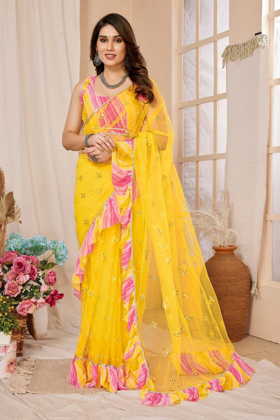 Net Pattern Saree with Mirror Work and Georgette Blouse-NFA-09-Yellow