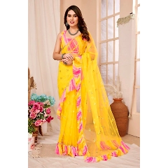 Net Pattern Saree with Mirror Work and Georgette Blouse