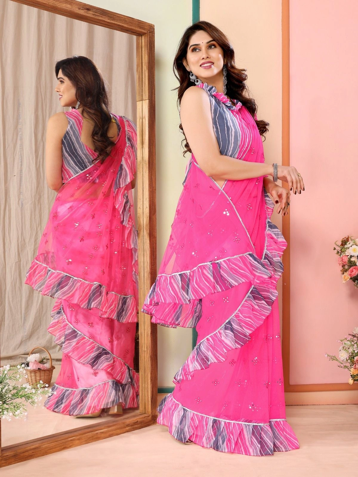 Net Pattern Saree with Mirror Work and Georgette Blouse-NFA-09-Pink