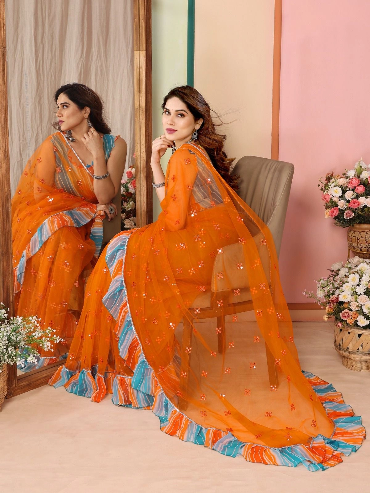 Net Pattern Saree with Mirror Work and Georgette Blouse-NFA-09-Orange