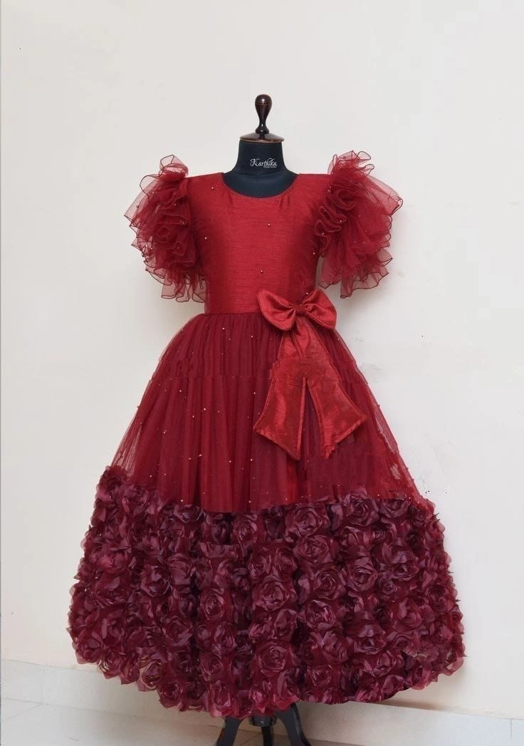 Heavy Petal Embroidered Tissue Net Gown - Designer Stitched-Red-2year-1