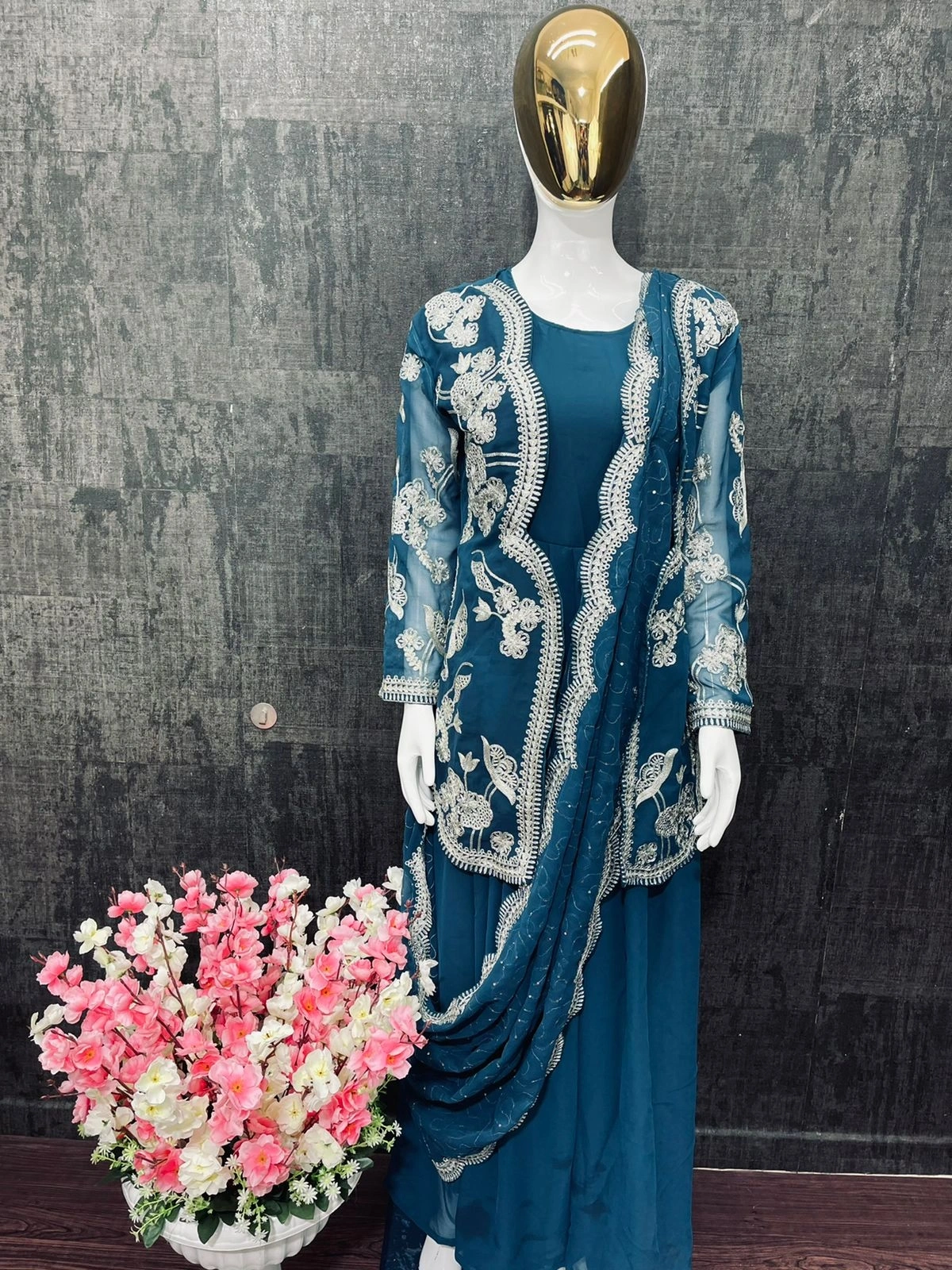 Georgette Flair Gown with Santoon Inner, Sleeveless, 55 inches, Stitched up to 44&quot;. Georgette Koti with Chine Stitch Work-Peacock Blue-3