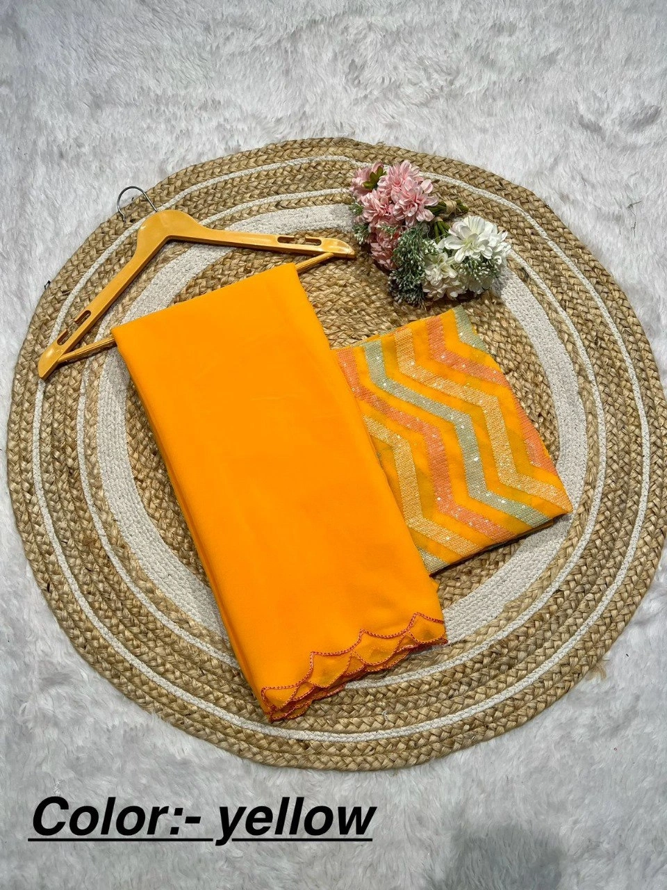 Smooth Georgette Saree with Handmade Latakan Blouse: Exquisite Embroidery &amp; Sequins-KSF-Feni5-Orange