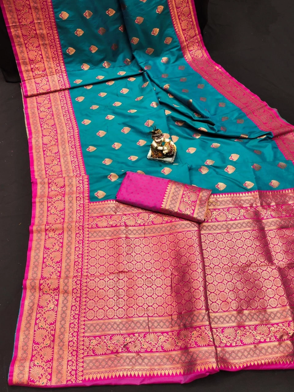 BANARASI SILK SAREE: Soft Silk, Jequard Border, Rose Gold Jari, Trendy-Firozi-2