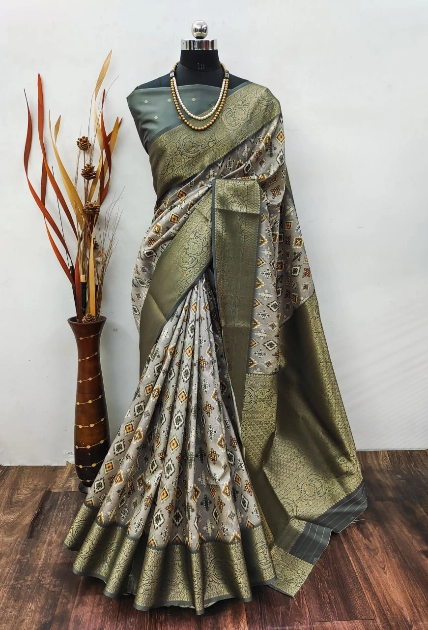 Lichi Silk Saree with Digital Print and Jequard Weaving-MRD-SHEFALI-Grey