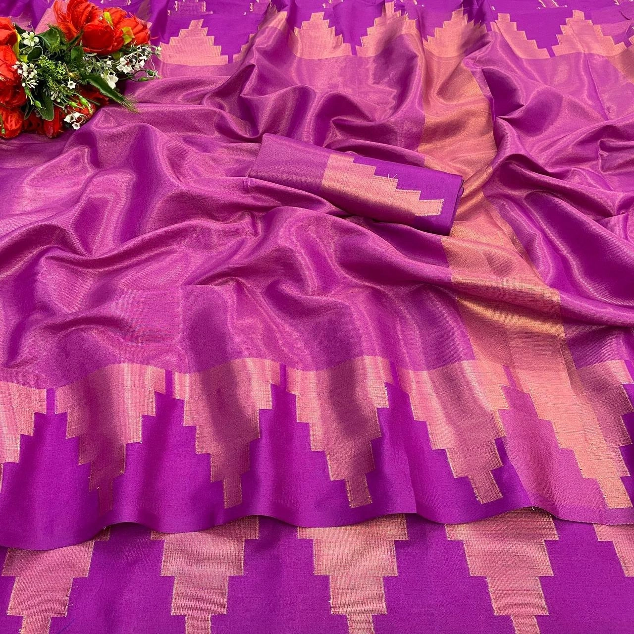 Soft Kanchivaram Silk Saree with Pure Copper Zari and Beautiful Weaving-RVR-COPPER-TEMPLE-B-Pink