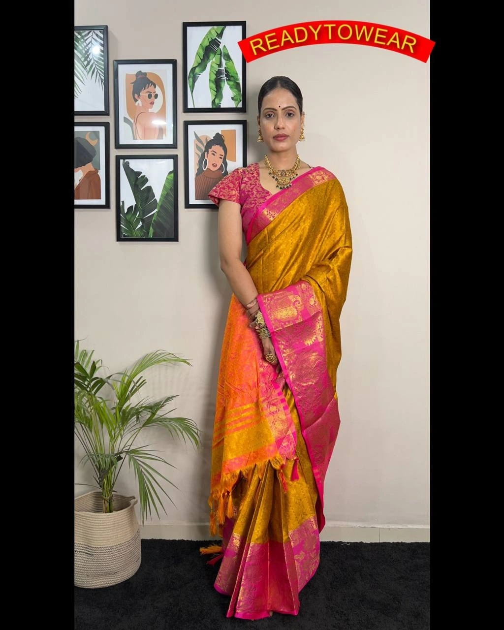 Copper Silk Saree Set with Contrast Blouse and Pallu-RVR-LOTUS-Orange