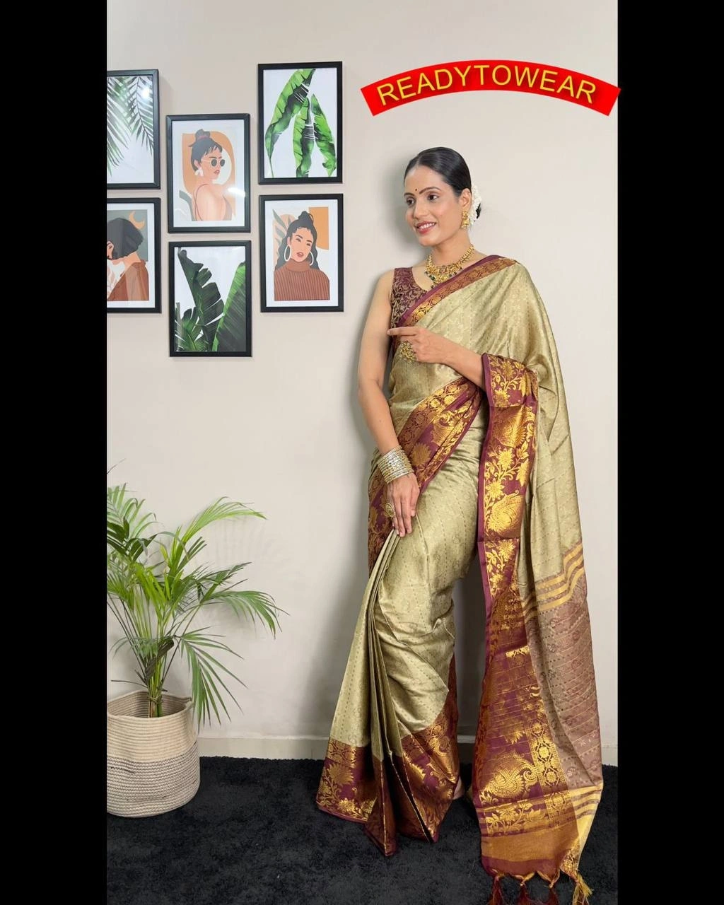 Copper Silk Saree Set with Contrast Blouse and Pallu-Green-1