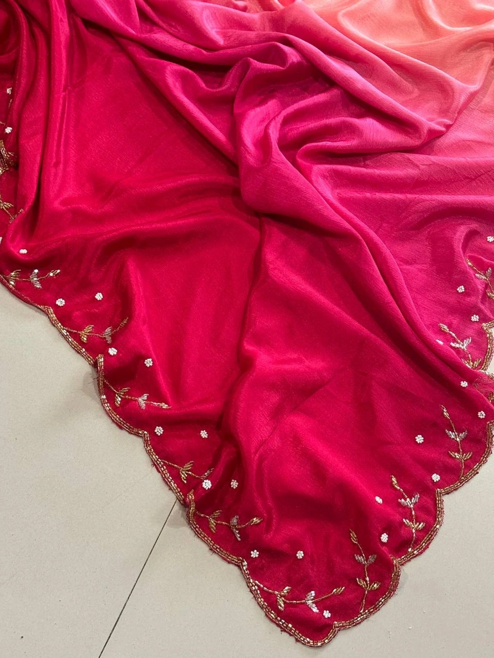 Chinon Peding Rich Cutt Dana Handwork Border Saree with Banglory Silk Blouse-Red-1