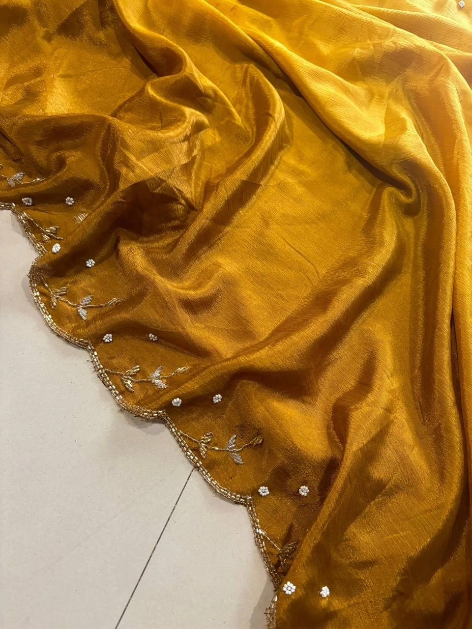 Chinon Peding Rich Cutt Dana Handwork Border Saree with Banglory Silk Blouse-Golden-1