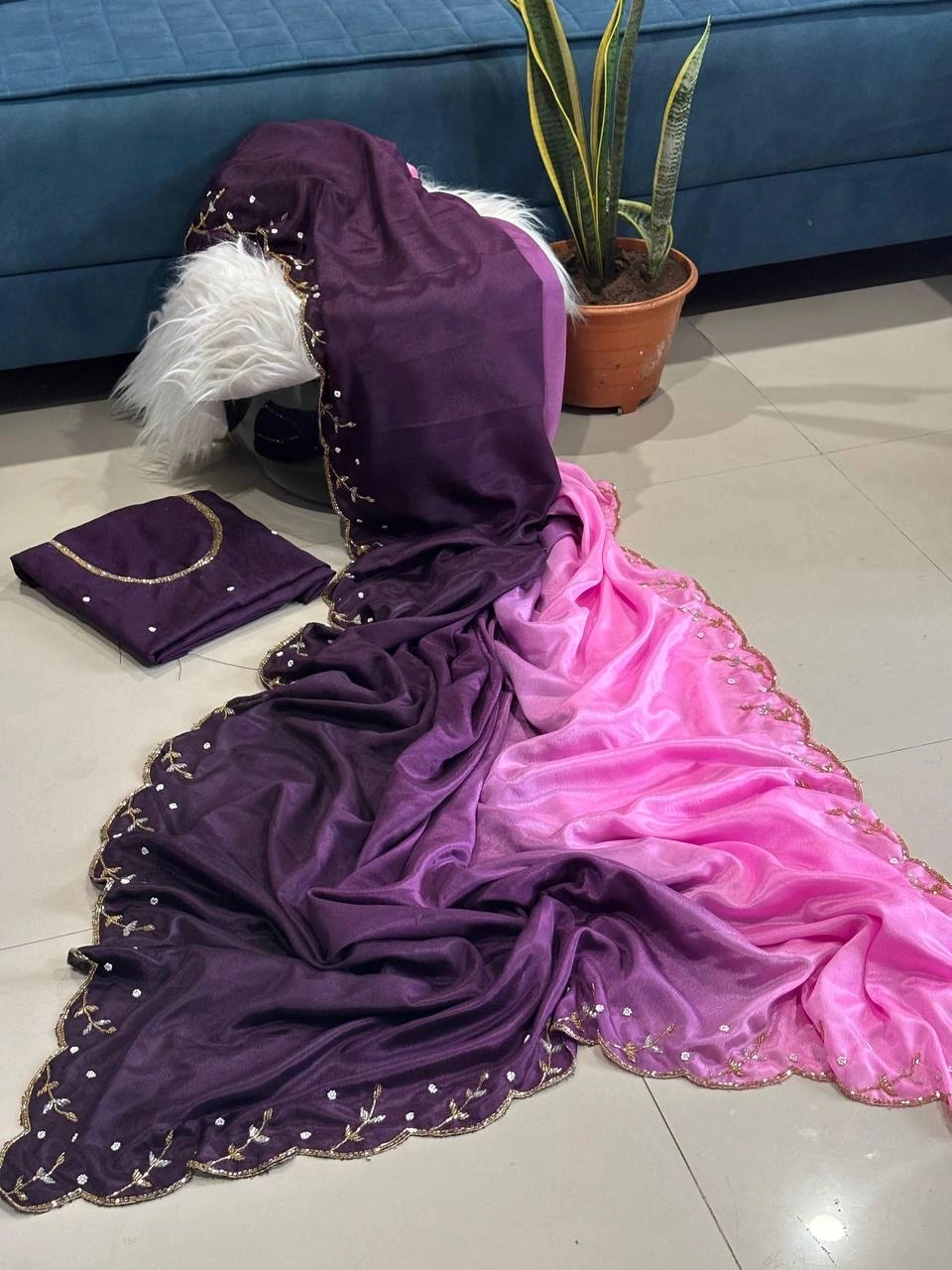 Chinon Peding Rich Cutt Dana Handwork Border Saree with Banglory Silk Blouse-VRC-1141-Wine