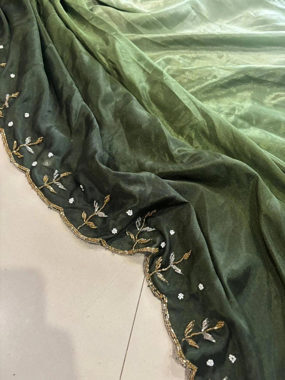 Chinon Peding Rich Cutt Dana Handwork Border Saree with Banglory Silk Blouse-Green-1