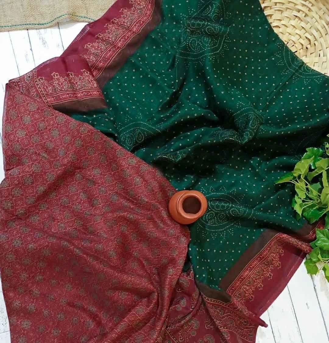 Fancy Tasseled Linen Saree with Ajrakh and Bandhani Prints-Dark Green-1