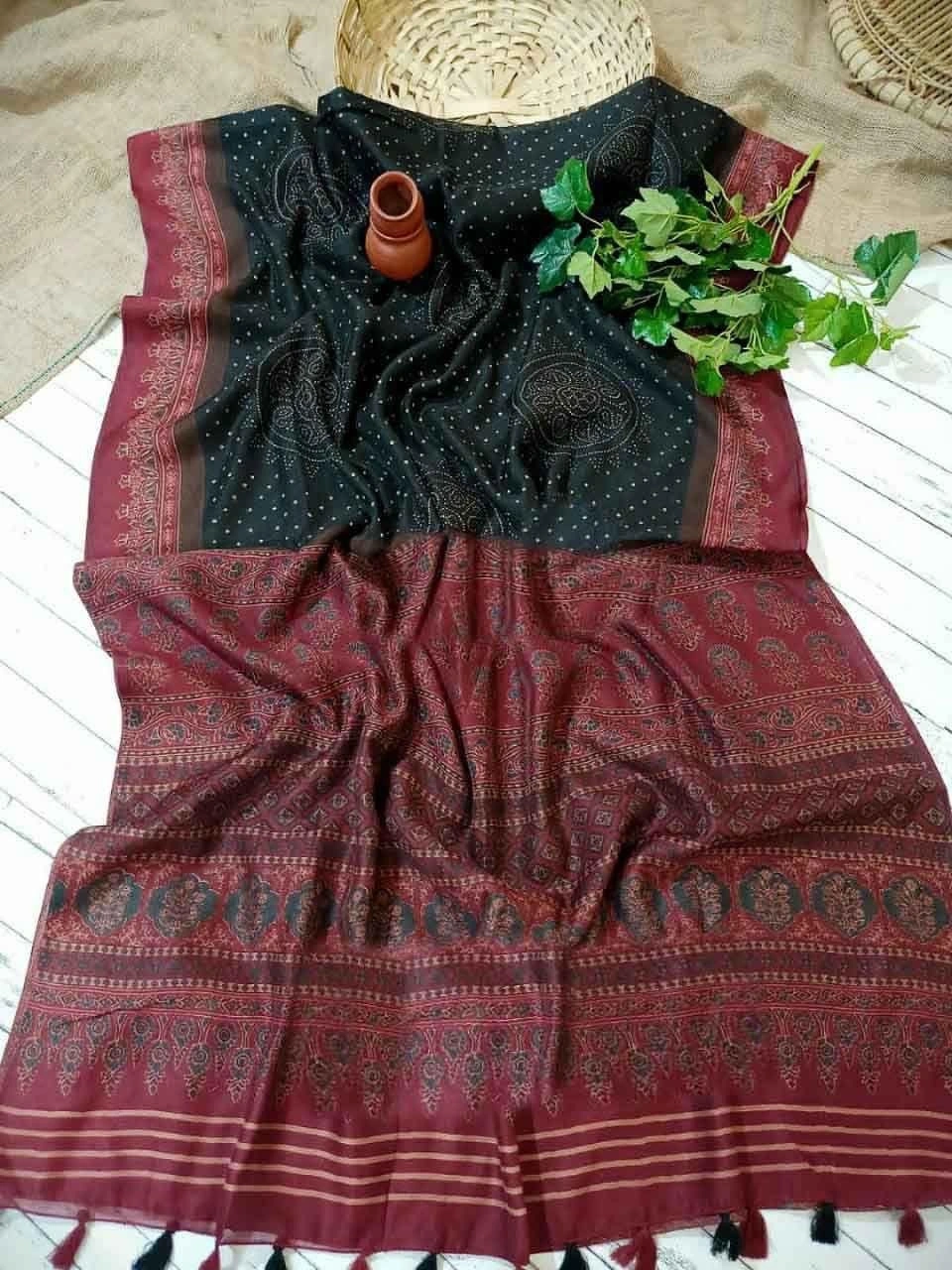 Fancy Tasseled Linen Saree with Ajrakh and Bandhani Prints-Dark Green-2