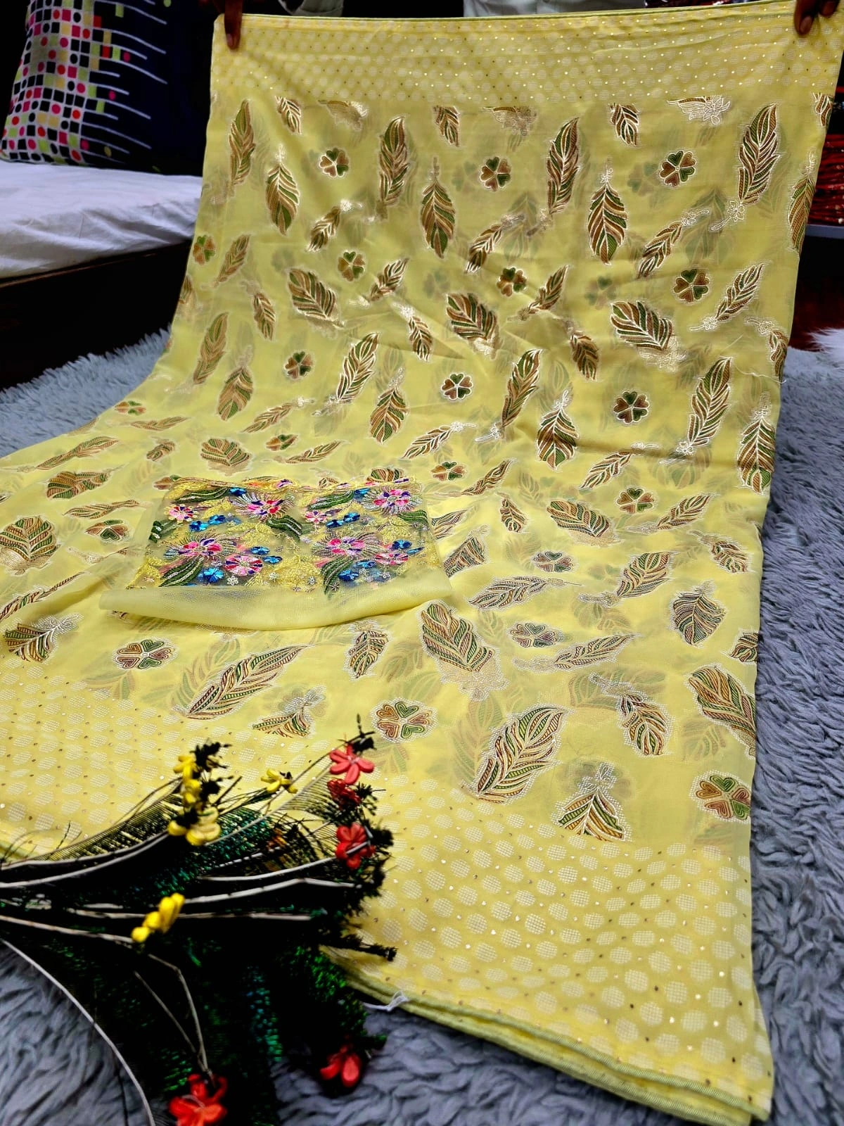 Heavy Fox Georgette Braso Print Saree with Foil &amp; Embroidered Blouse-RJK-46-Lemon