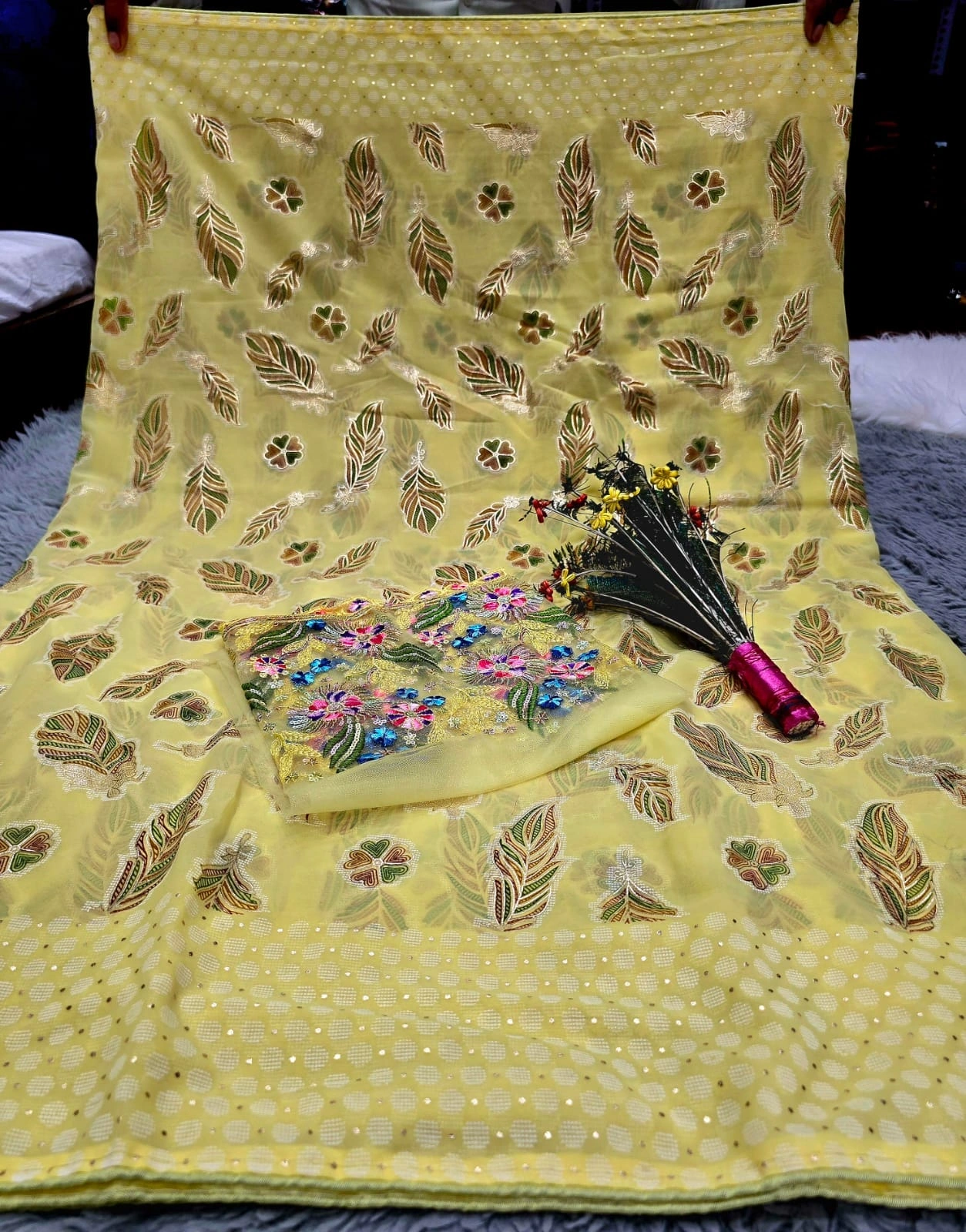 Heavy Fox Georgette Braso Print Saree with Foil &amp; Embroidered Blouse-Lemon-1