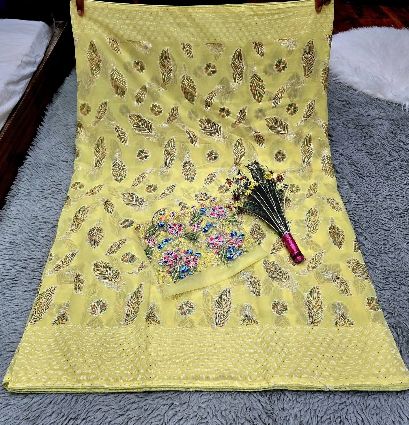 Heavy Fox Georgette Braso Print Saree with Foil &amp; Embroidered Blouse-Lemon-2