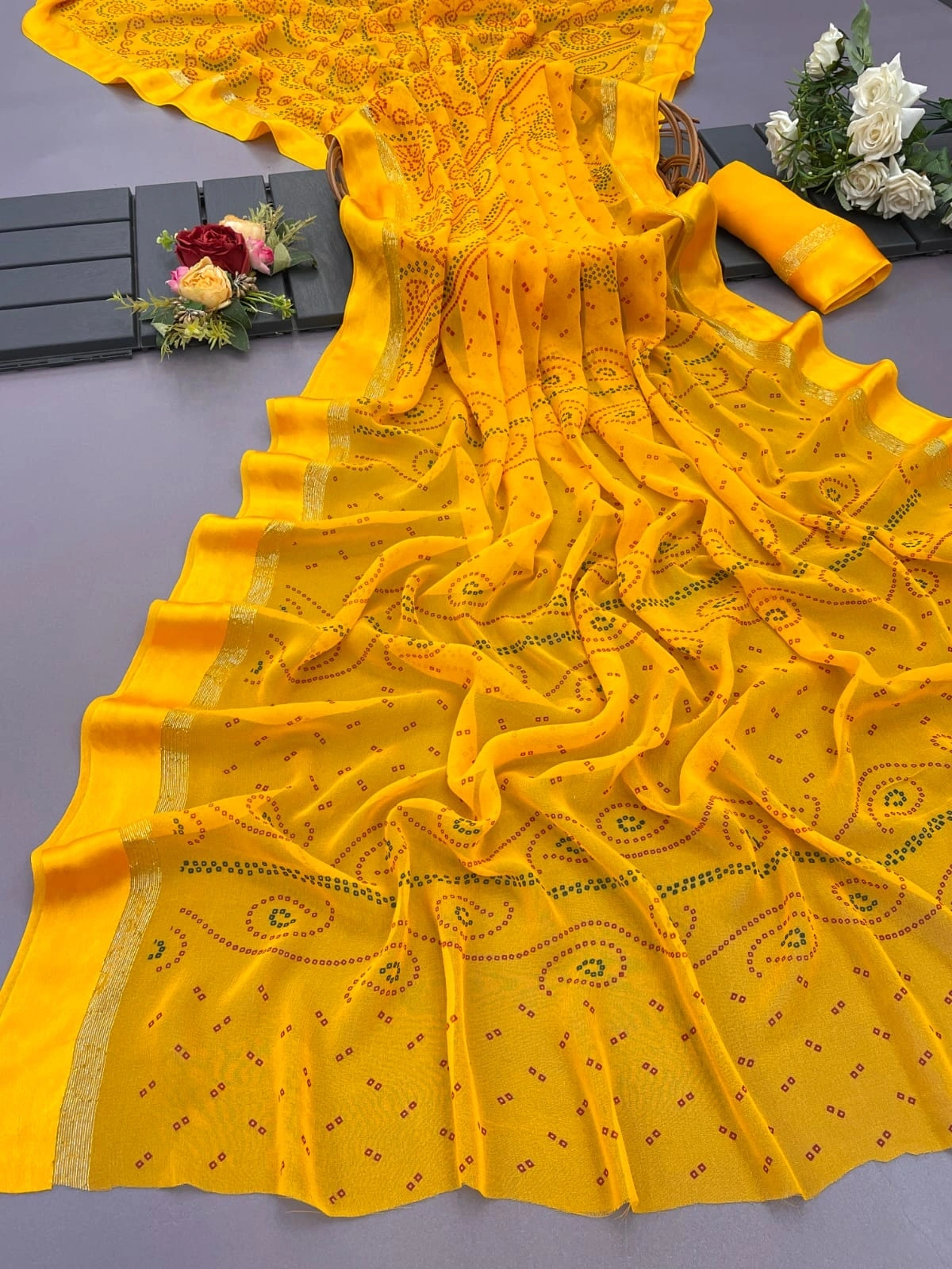 Pure Viscose Georgette Saree: Full Bandhni Print, Heavy Work, Fanc Blouse - 10 words-RJK-47-Yellow