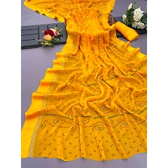 Pure Viscose Georgette Saree: Full Bandhni Print, Heavy Work, Fanc Blouse - 10 words