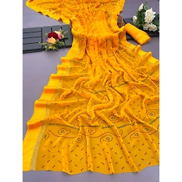 Pure Viscose Georgette Saree: Full Bandhni Print, Heavy Work, Fanc Blouse - 10 words