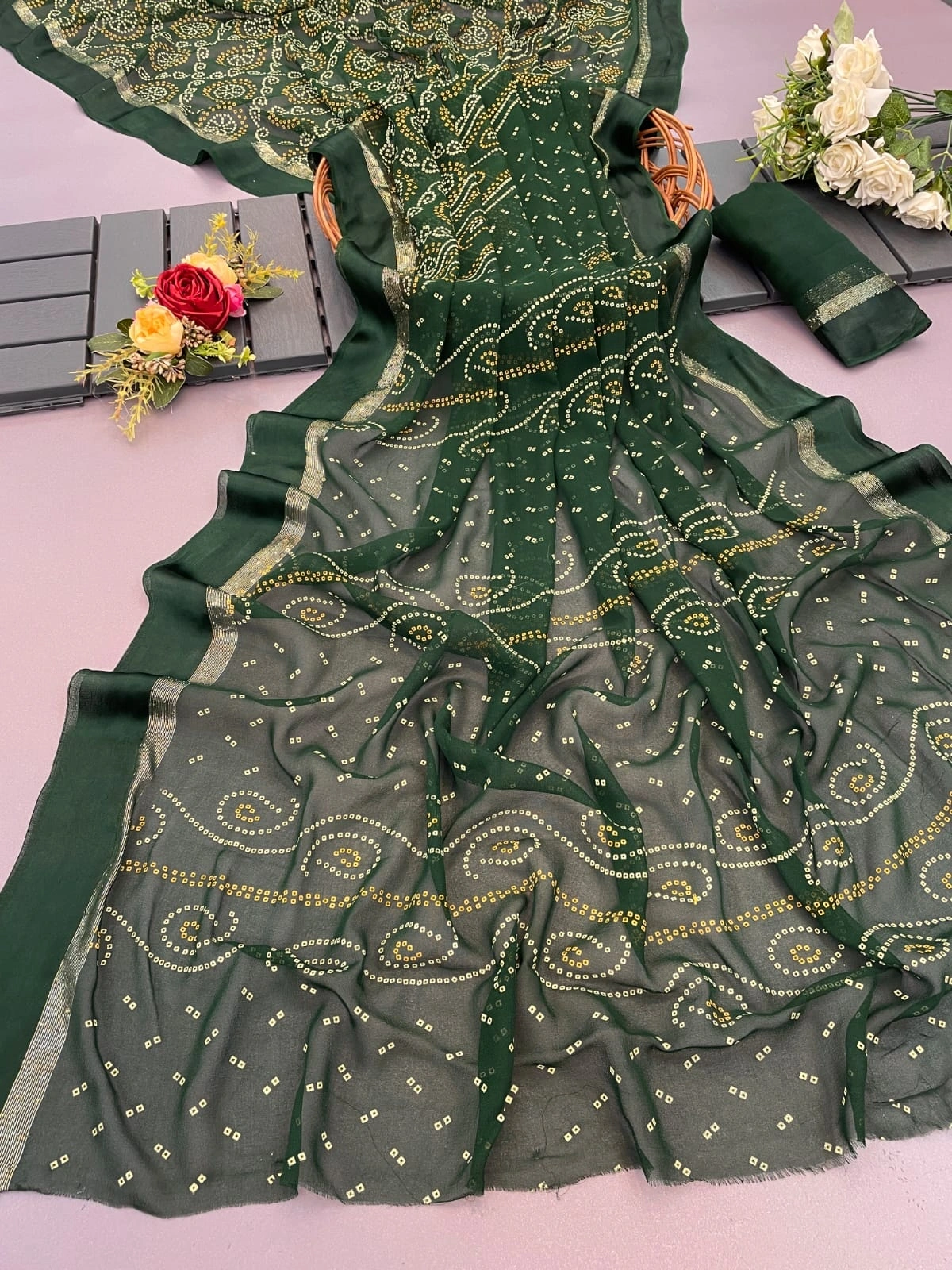 Pure Viscose Georgette Saree: Full Bandhni Print, Heavy Work, Fanc Blouse - 10 words-RJK-47-Green