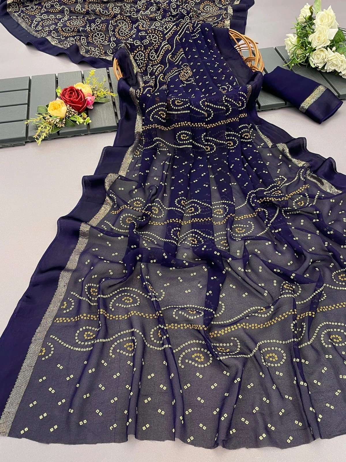 Pure Viscose Georgette Saree: Full Bandhni Print, Heavy Work, Fanc Blouse - 10 words-RJK-47-NavyBlue