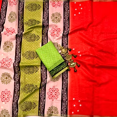 Breezy Bandhini Cotton Saree with Zari Border & Contrast Pallu