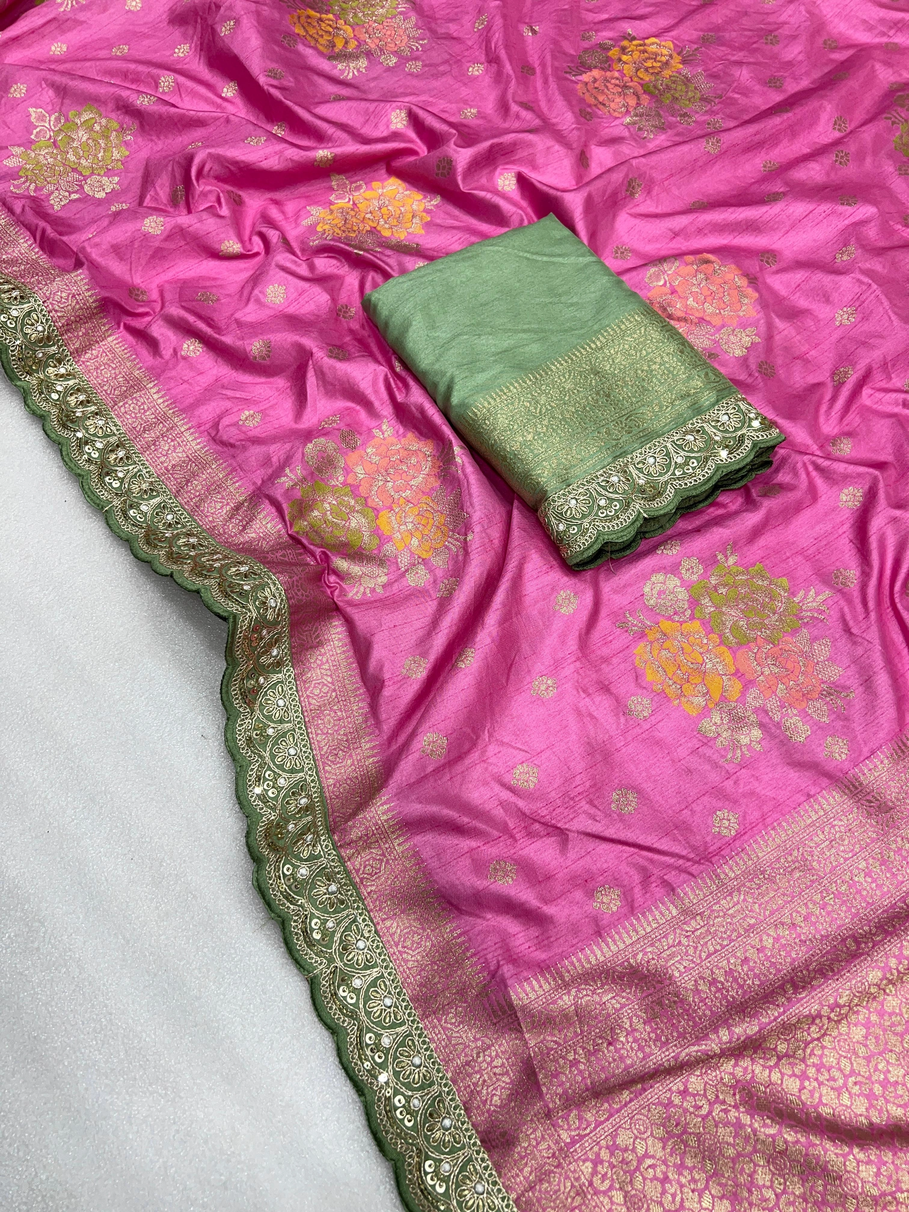 Dolla Silk Saree with Embroidered Border and Running Blouse-Pink-1