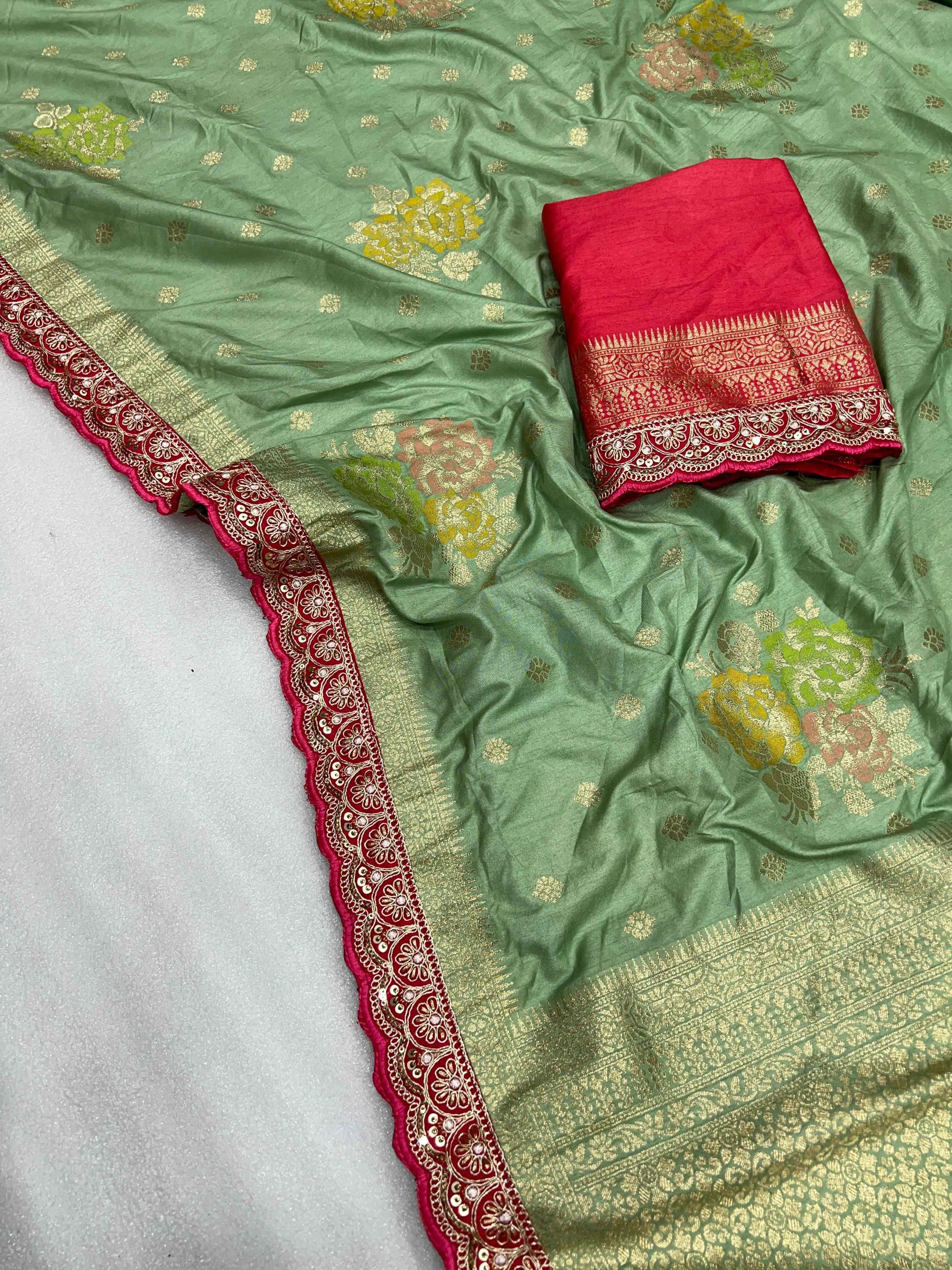 Dolla Silk Saree with Embroidered Border and Running Blouse-Green-1