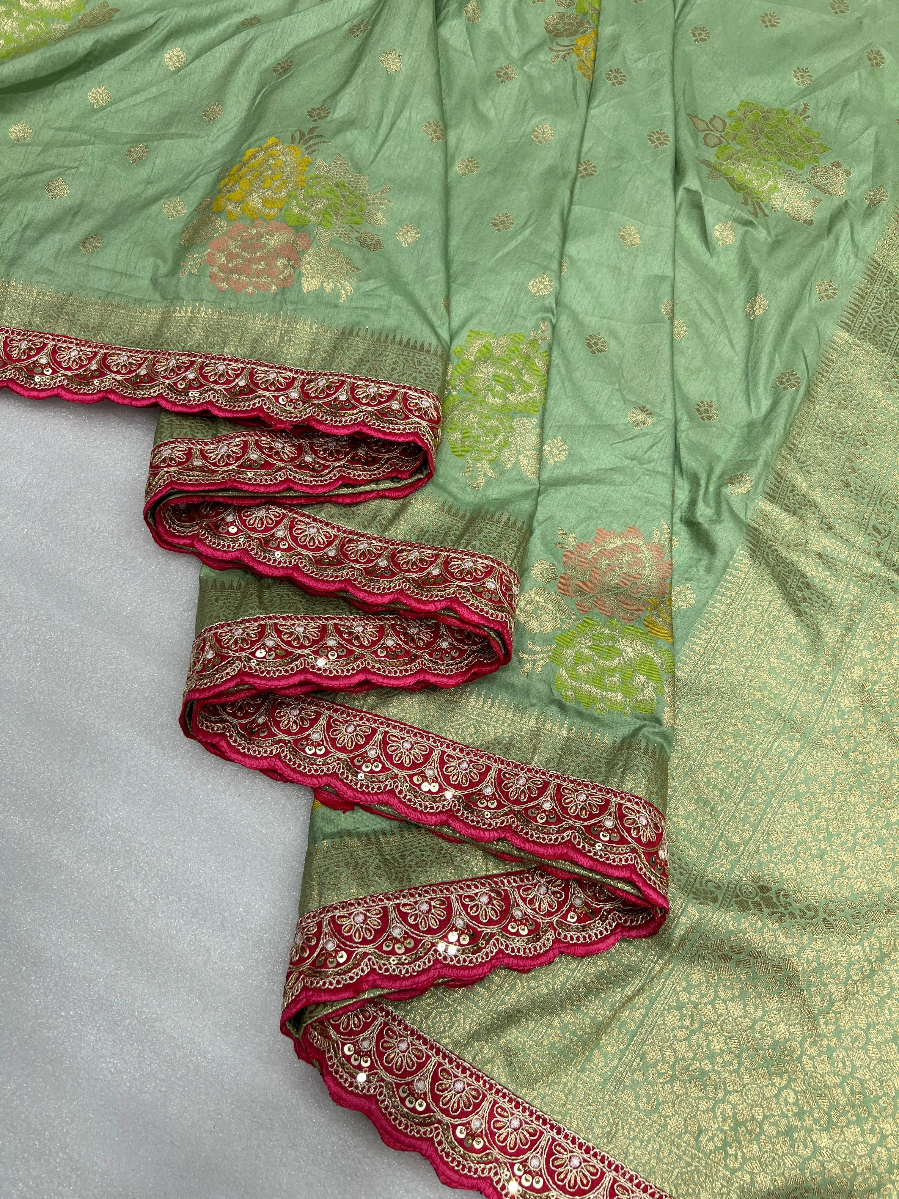 Dolla Silk Saree with Embroidered Border and Running Blouse-Green-2