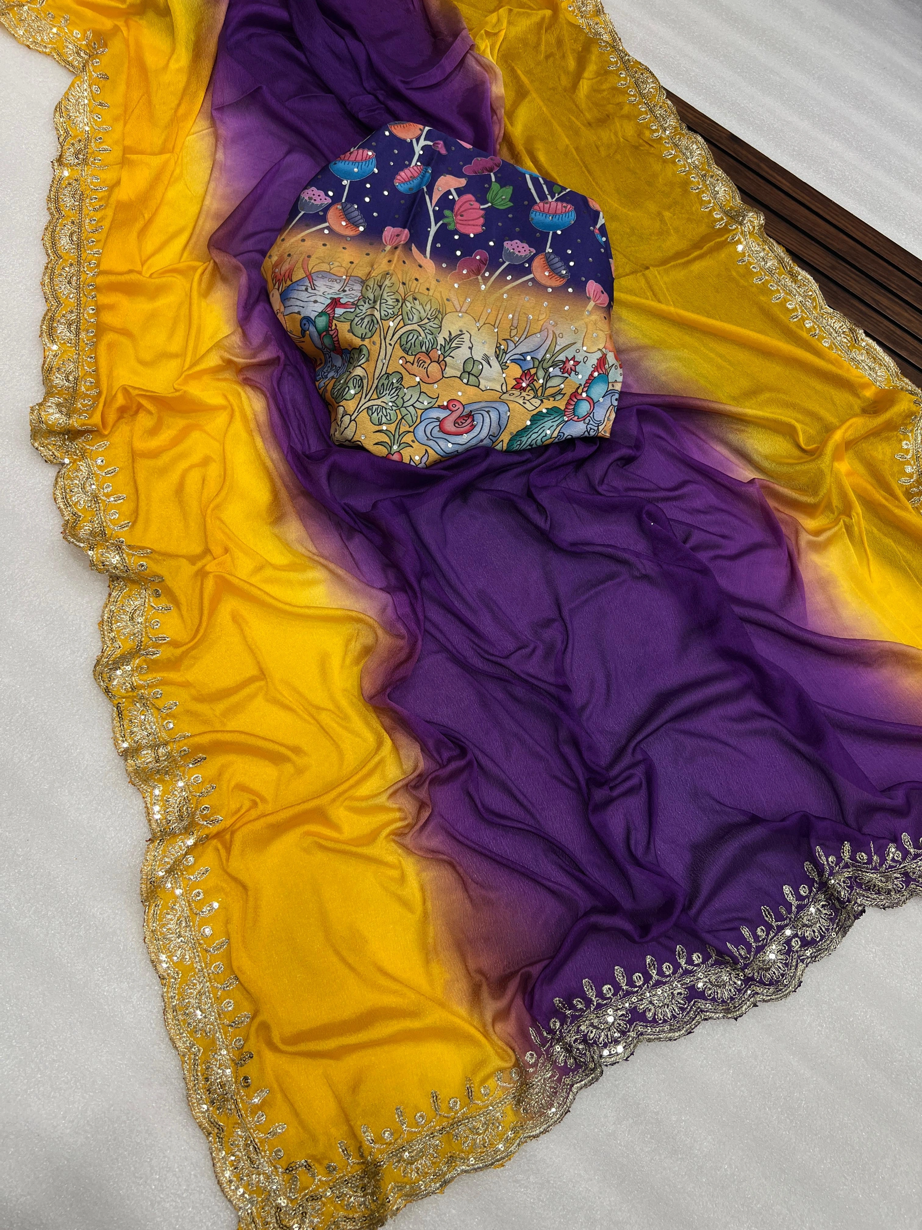 Embroidered Silk Saree with 3D Color Effect-RNNC-18-Purple