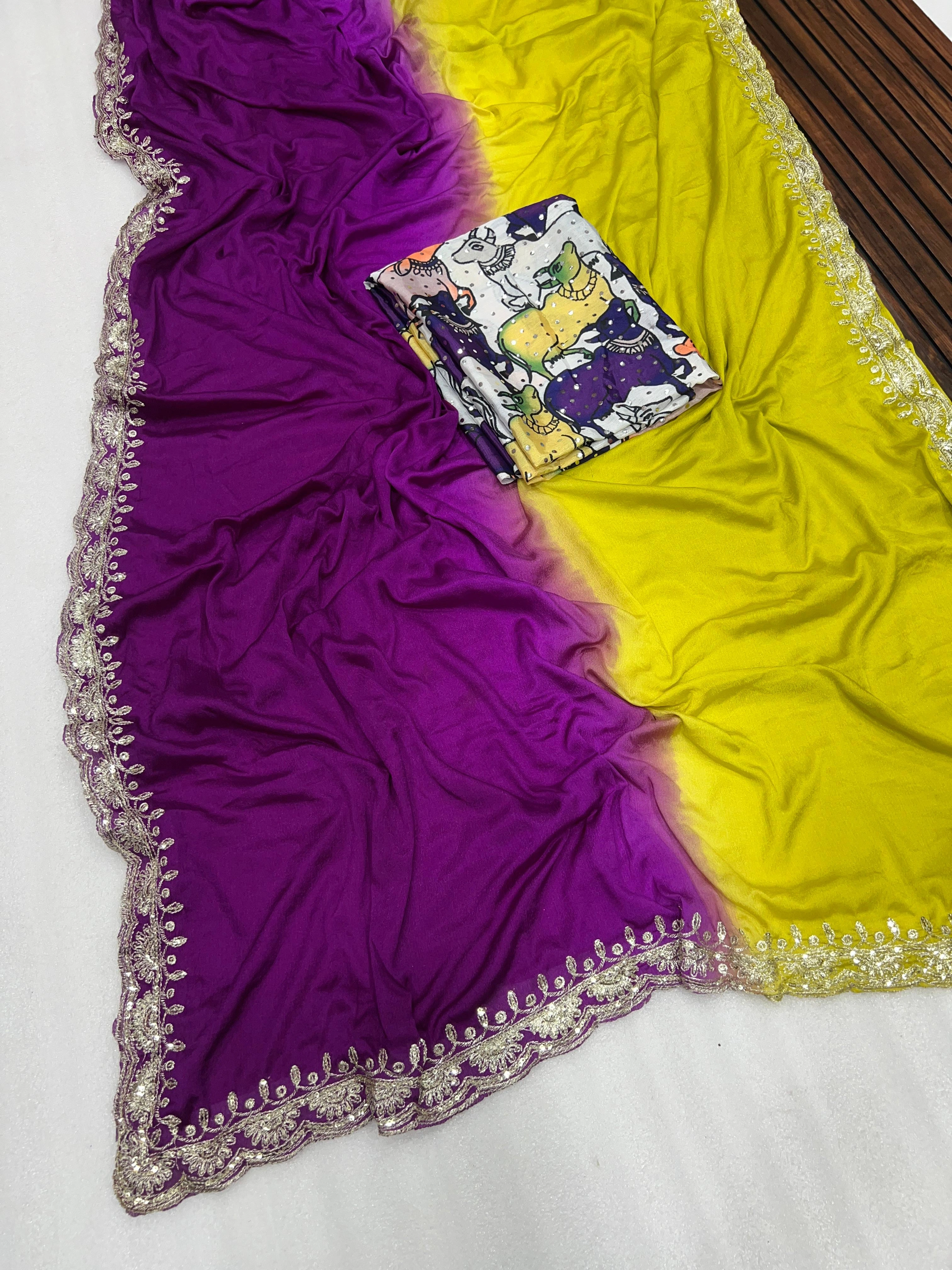 Embroidered Silk Saree with 3D Color Effect-RNNC-18-Yellow